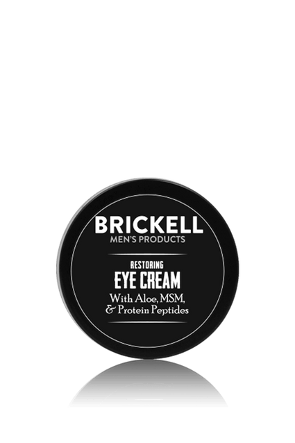 Brickell Men's Products Restoring Eye Cream with Aloe, MSM, and Protein Peptides in a black container